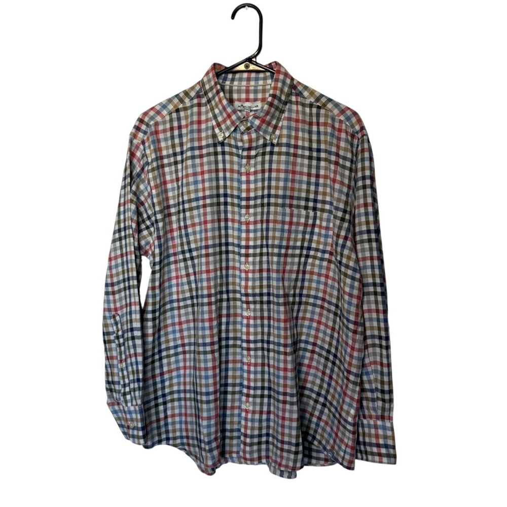 Peter Millar Shirt Mens Large Red Tan Crown Button Down Cotton Sport Long Sleeve